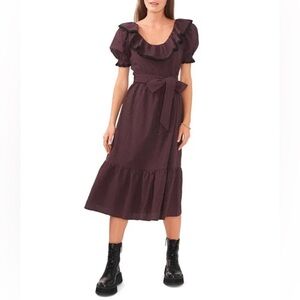Chelsea and Violet NWT Ruffle Scoop Neck Short Puff Sleeve Check Print Midi Sz L